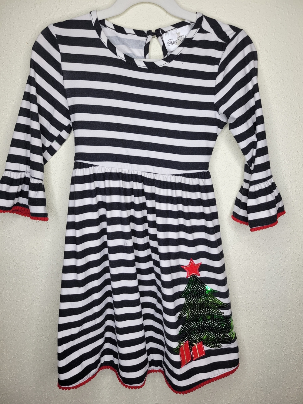 Rare Editions Black & White Striped Holiday Tree Dress with Red Trim